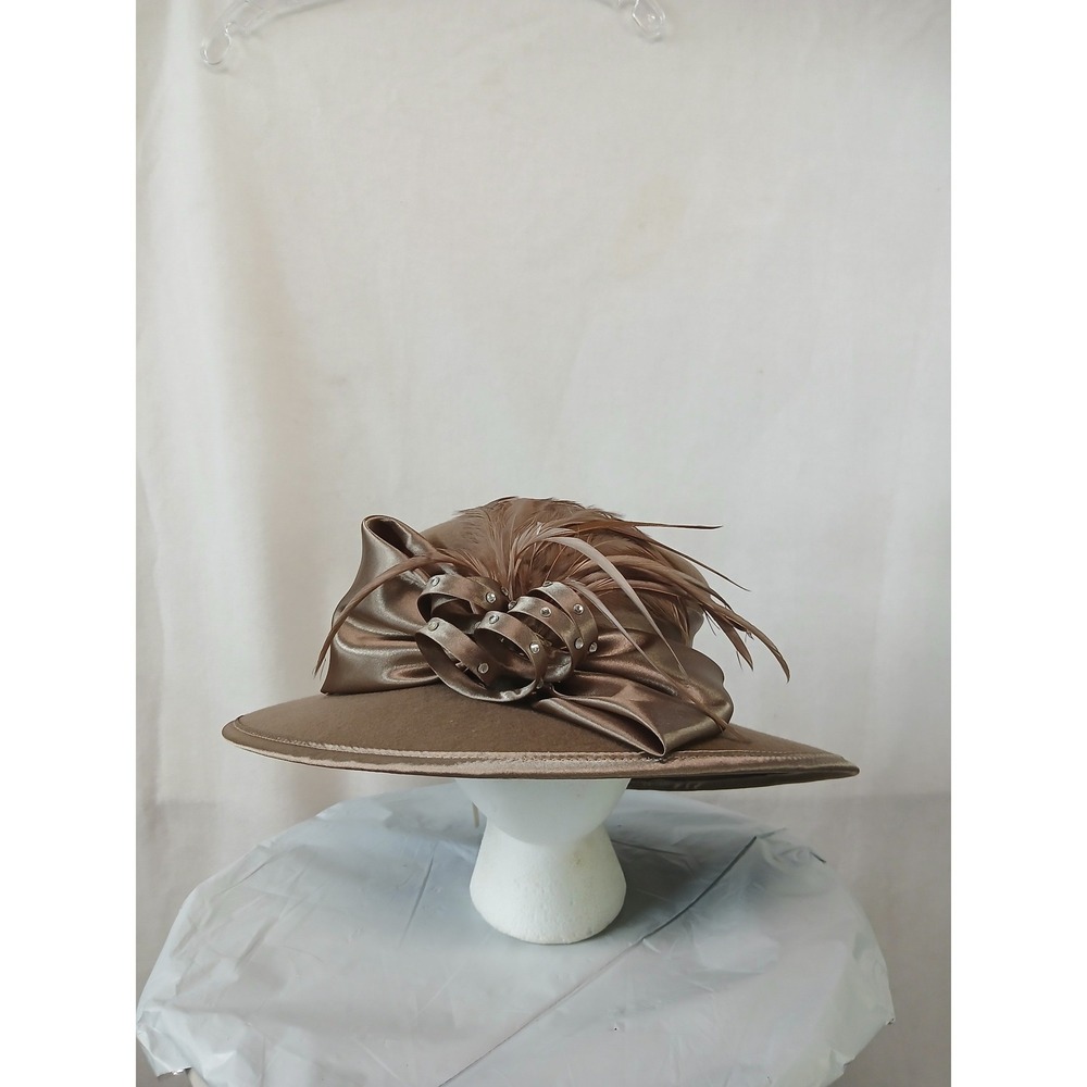 Fine Millinery August Accessories Wool Felt Derby Church Hat Feathers Rhinestone